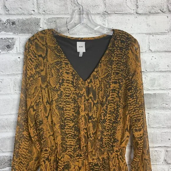 Ichi Day Dress Snakeskin Print Flowy Sheer Chiffon V-Neck Long Sleeve - Picture 2 of 12